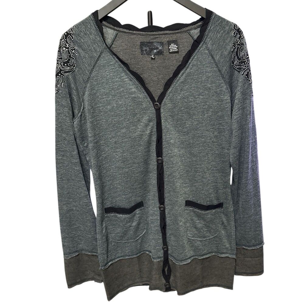 Miss Me Cardigan Women's L Large Embellished Rhinestone Button Front Gray Y2K
